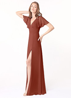 Azazie Kimber Bridesmaid Dresses Auburn A-Line Flounce Sleeve Chiffon Dress image3