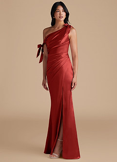Azazie Xyla Bridesmaid Dresses Rust Sheath Off the Shoulder Metallic Satin Convertible Dress image6
