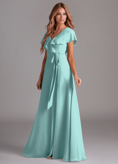 Azazie Lainey Bridesmaid Dresses Aqua A-Line with Pockets Chiffon Dress image5