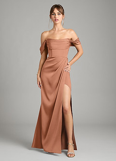 Azazie Johana Bridesmaid Dresses Bronzer Mermaid Off the Shoulder Stretch Satin Convertible Dress image1