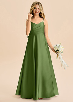 Azazie Rumi Junior Abito A-Line in Raso Elasticizzato Plissettato Ginepro image4