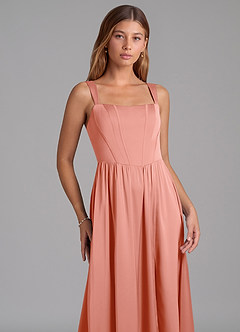 Azazie Rosaline Bridesmaid Dresses Coral A-Line Side Slit Stretch Satin Dress image6