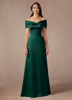 Azazie Amelia Mother of the Bride Dresses Emerald A-Line Off the Shoulder Stretch Satin Dress image3