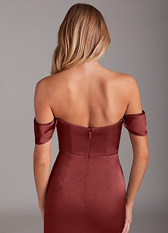 Azazie Saige Bridesmaid Dresses Terracotta Sheath Off the Shoulder Stretch Satin Dress image9