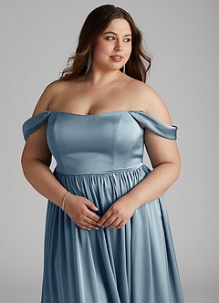 Azazie Morana Jurken voor bruidsmeisjes Converteerbaar Jurk van Stretch Satijn met A-Lijn Off the Shoulder Stoffig Blauw image17
