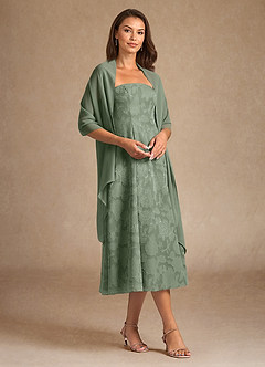 Azazie Lorain Abiti per la Madre della Sposa Abito A-Line in Burnout Floreale Plissettato Matcha image4