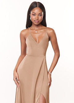 Azazie Maksim Bridesmaid Dresses English Rose A-Line V-Neck Stretch Satin Dress image5