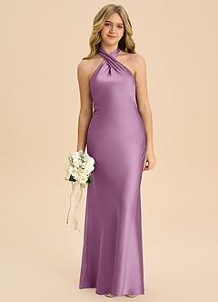 Azazie Chickie Junior Vestido de Glicinia de Satén Elástico de Corte Recto con Plisado image3