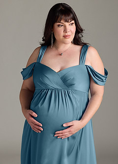 Azazie Rhea Maternity Bridesmaid Dresses A-Line Off-The-Shouler Pleated Stretch Satin Floor-Length Dress image12