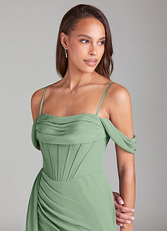 Azazie Amyra Bridesmaid Dresses Matcha Sheath Off the Shoulder Chiffon Convertible Dress image6