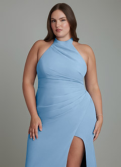 Azazie Jemma Jurken voor bruidsmeisjes Jurk van Chiffon met Kolom Geplooide Poederblauw image13