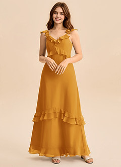 Azazie Tavie Junior Vestido de Caramelo de Gasa de Corte en A con Volante image1