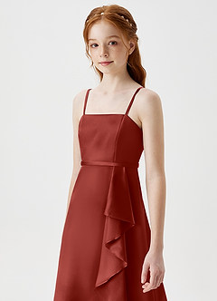 Azazie Kaylee Junior Robe Trapèze en Satiné métallisé avec ceinture Terracotta image6