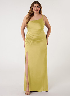 Azazie Eren Bridesmaid Dresses Canary Mermaid One Shoulder Stretch Satin Dress image6