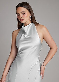 Azazie Sahara Bridesmaid Dresses Silver A-Line Pleated Stretch Satin Dress image7