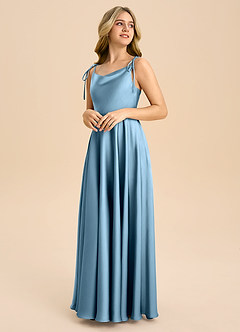 Azazie Popsy Junior Steel Blue A-Line Bow Stretch Satin Dress image4