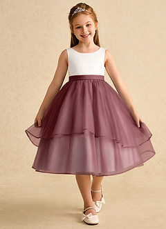 Azazie Rene vestidos de niña de las flores Vestido de Marfil Rosa Del Desierto de Tul de Corte En A con Lazo image4
