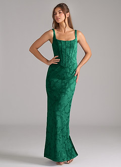 Azazie Kenna Bridesmaid Dresses Emerald Sheath Side Slit Floral Burnout Dress image5
