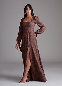 Azazie Leonia Bridesmaid Dresses Espresso A-Line Long Sleeve Floral Burnout Dress image2