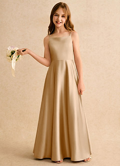 Azazie Joella Girls Formal Flower Girl Dresses Gold A-Line Pleated Stretch Satin Dress image2