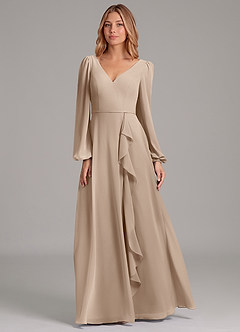 Azazie Simone Vestidos de damas de honor Vestido de Gris Pardo de Gasa de Corte en A con Manga larga image5