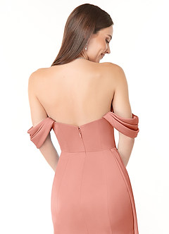 Azazie Amyra Bridesmaid Dresses Coral Sheath Off the Shoulder Stretch Satin Convertible Dress image3