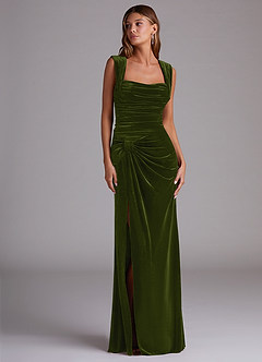 Azazie Genesis Bridesmaid Dresses Olive Sheath Pleated Velvet Dress image3