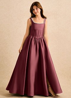 Azazie Enid Girls Formal Blumenmädchenkleider A-Linie Mit Perlen Stretch-Satin Kleid Merlot image1
