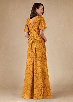 Azazie Emmeline Mother of the Bride Dresses Butterscotch A-Line Pleated Floral Burnout Dress image2