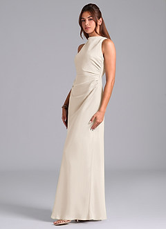 Azazie Evadne Bridesmaid Dresses White Alabaster Sheath Pleated Chiffon Dress image1