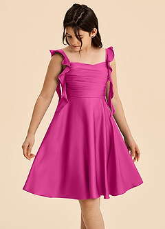 Azazie Kira Junior Vestido de Fucsia de Satén Elástico de Corte en A con Volante image4