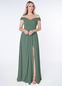 Azazie Audrianna Bridesmaid Dresses Eucalyptus A-Line Off-The-Shoulder Gathered Chiffon Convertible Dress image1