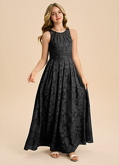 Azazie Bibiane Junior Abito A-Line in Burnout Floreale Plissettato Nero image5