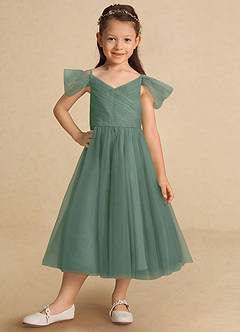 Azazie Lizzette Flower Girl Dresses Eucalyptus A-Line Ruched Tulle Dress image6