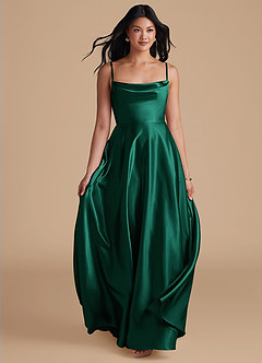 Azazie Elle Bridesmaid Dresses Emerald A-Line with Pockets Metallic Satin Dress image5