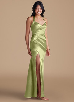 Azazie Emeria Bridesmaid Dresses Pistachio Sheath Side Slit Metallic Satin Dress image6