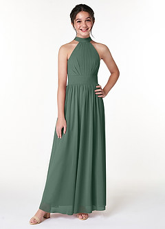 Azazie Iman Junior Sea Moss A-Line Pleated Chiffon Dress image3