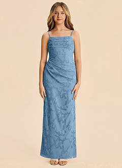 Azazie Mai Junior Steel Blue Sheath Ruched Floral Burnout Dress image6