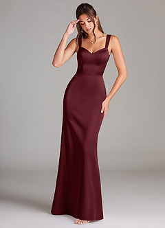 Azazie Denice Vestidos de damas de honor Vestido de Cabernet de Satén Elástico de Corte Recto con Plisado image1