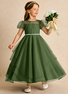 Azazie Duckie Abiti da Ragazza di Fiori Abito Principessa in Tulle Plissettato Oliva image1