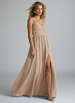 Azazie Aziza Bridesmaid Dresses Taupe A-Line V-Neck Pleated Chiffon Dress image3
