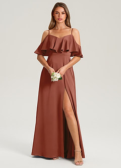 Azazie Jean Bridesmaid Dresses Auburn A-Line Off the Shoulder Stretch Satin Dress image1