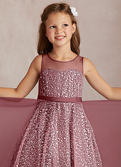 Azazie Siwa Robe Demoiselle D'honneur Fillette Robe Trapèze en Tulle Perlé Rose Du Désert image1