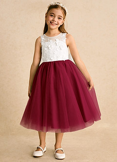 Azazie Lina Flower Girl Dresses Ivory Burgundy Ball-Gown Lace Dress image5