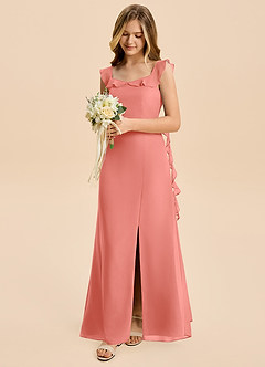 Azazie Cindy Junior Salmon Pink A-Line Ruched Chiffon Dress image3