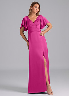 Azazie Ambrosia Bridesmaid Dresses Fuchsia A-Line Pleated Stretch Satin Dress image4