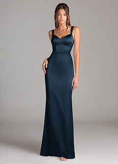 Azazie Denice Robes de demoiselle d'honneur Robe Fourreau en Satin extensible Plissé Bleu Marine Foncé image3