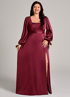 Azazie Leonia Brautjungfernkleider A-Linie Langarm Stretch-Satin Kleid Burgunderrot image4