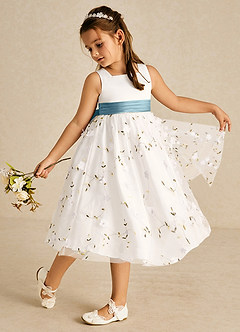 Azazie Pollie Flower Girl Dresses Ivory Moody Blue A-Line Bow Tulle Dress image1