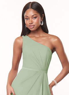 Azazie Liza Vestidos de damas de honor Vestido de Salvia Polvorienta de Gasa de Corte Sirena con Hombro unilateral image5